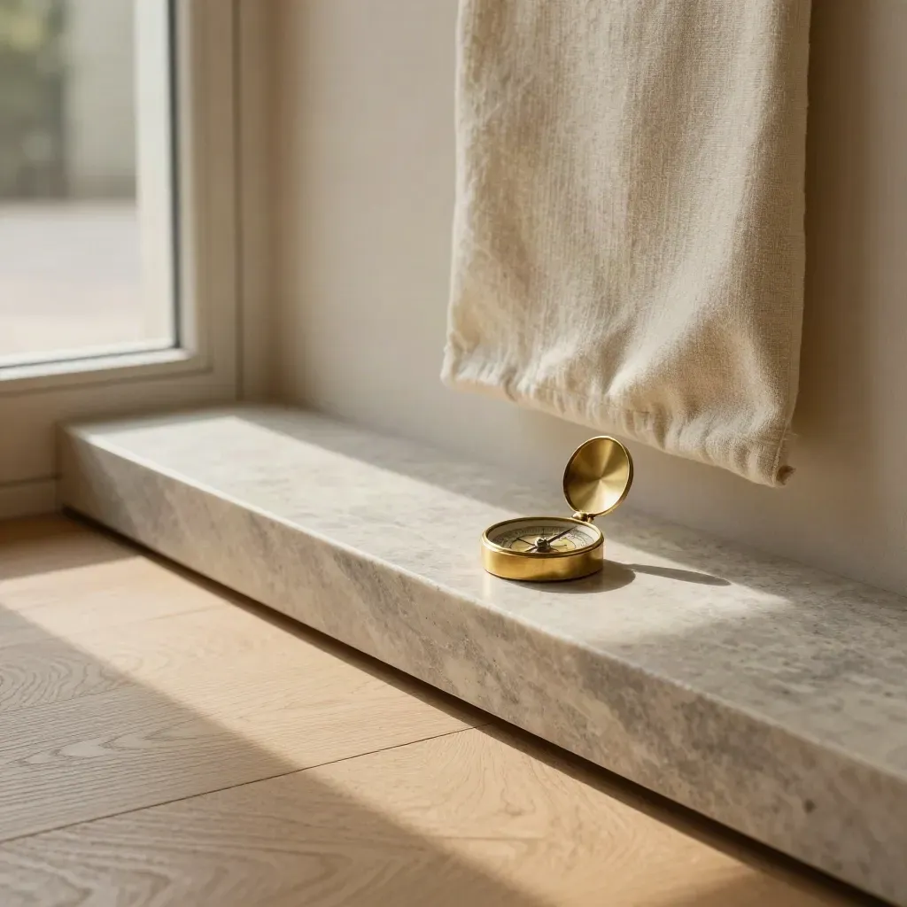 Leerer Beratungsraum mit Leinenstuhl, Steinpodest, Messingkompass und Lichtstrahl zur Terrasse.