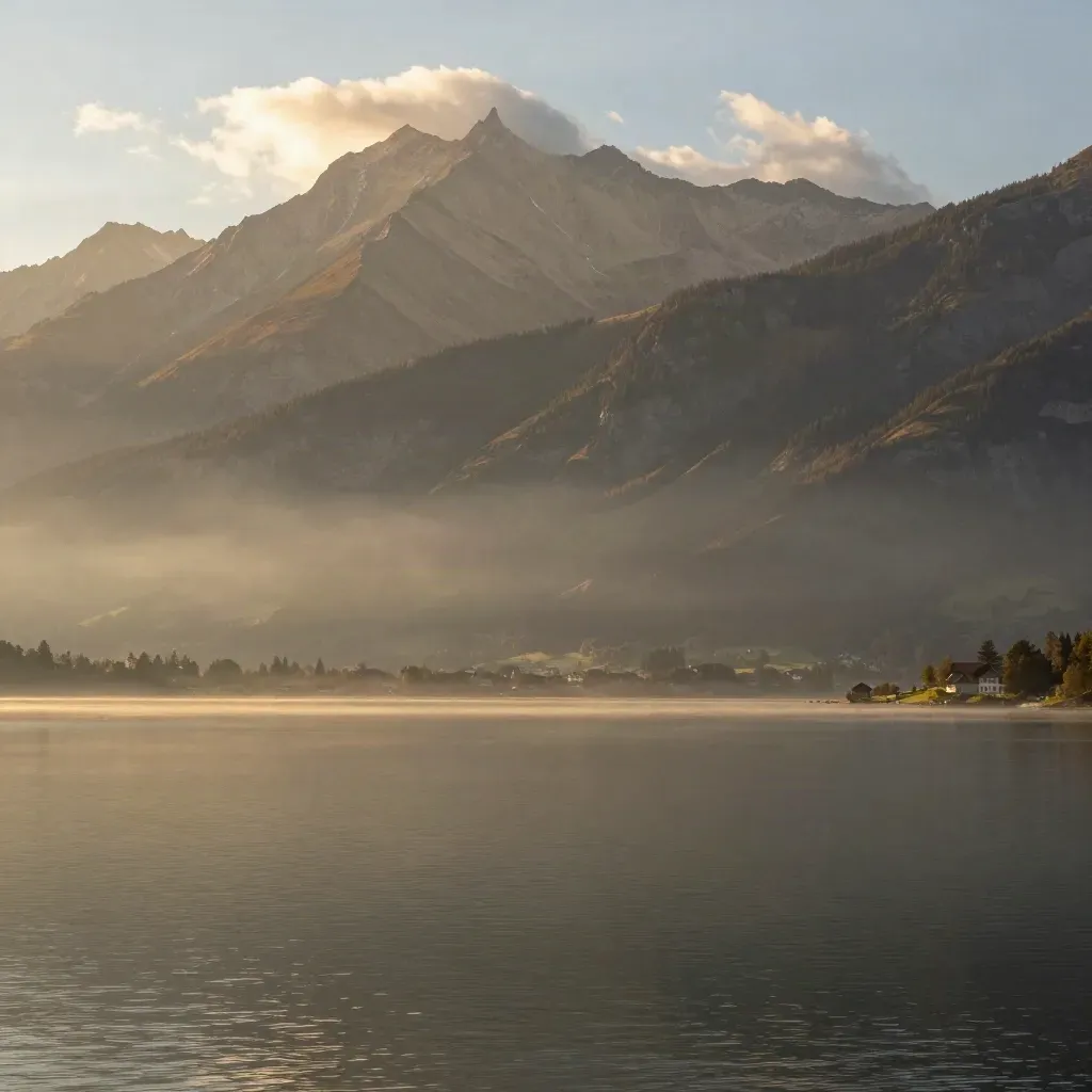 Blick über den Vierwaldstättersee mit Pilatus im goldenen Abendlicht
